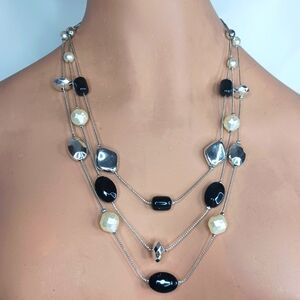Vintage Black, Silver & Pearl Floating Bead Multi Strand Necklace.
